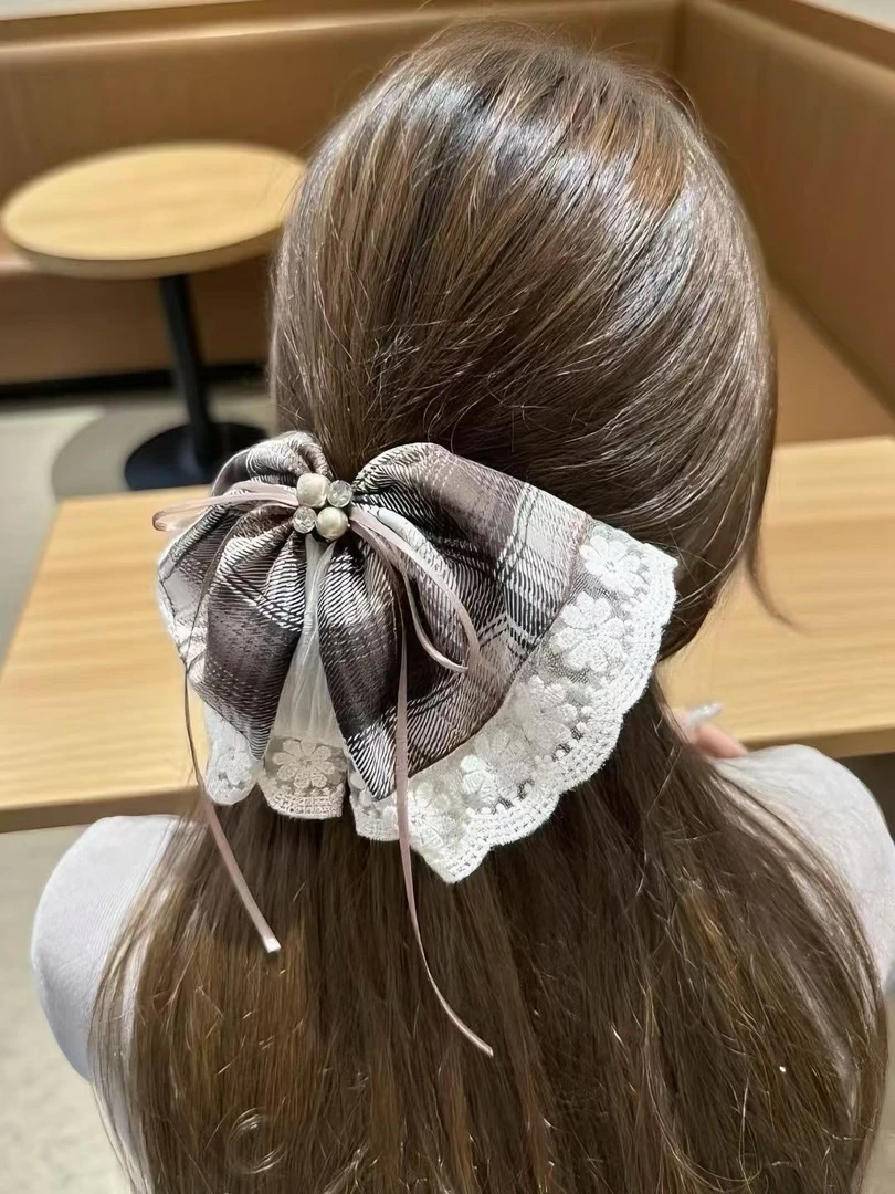 气质千金风百搭复古格纹美拉德色系抓夹马尾夹蕾丝黑白格子抓夹气
