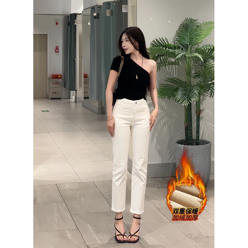 加绒白色气质直筒九分裤女2025冬季新款显瘦休闲百搭九分牛仔裤