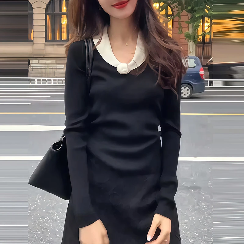 法式高级感黑色翻领打底衫女秋冬内搭秋季新款针织上衣设计感小众