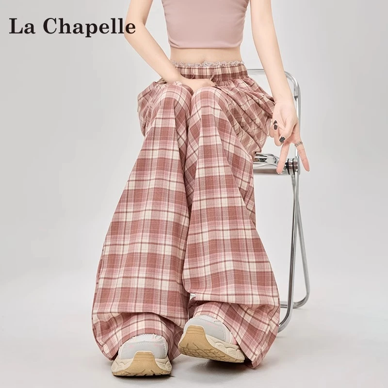 拉夏贝尔蕾丝格子阔腿裤女2025夏季小个子慵懒风高腰宽松直筒裤子