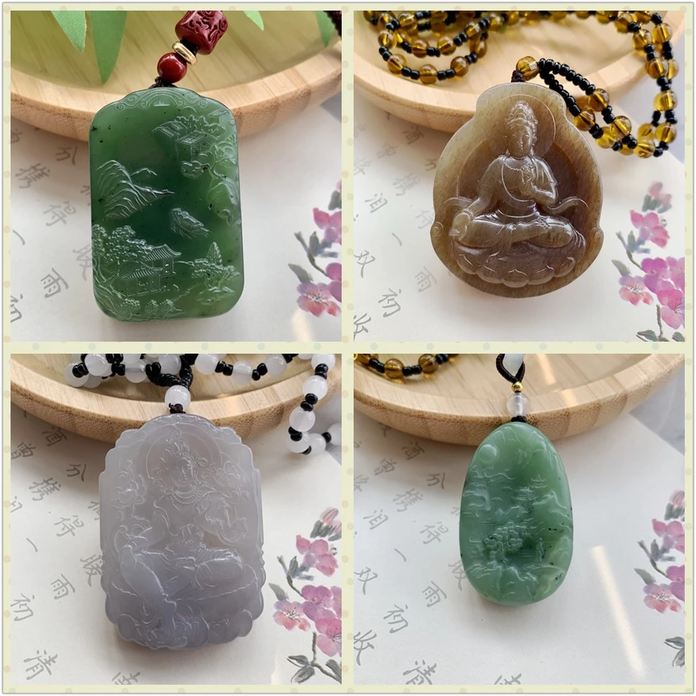 新疆天然和田玉碧玉糖玉烟紫和田玉吊坠山水观音吊坠玉石挂件