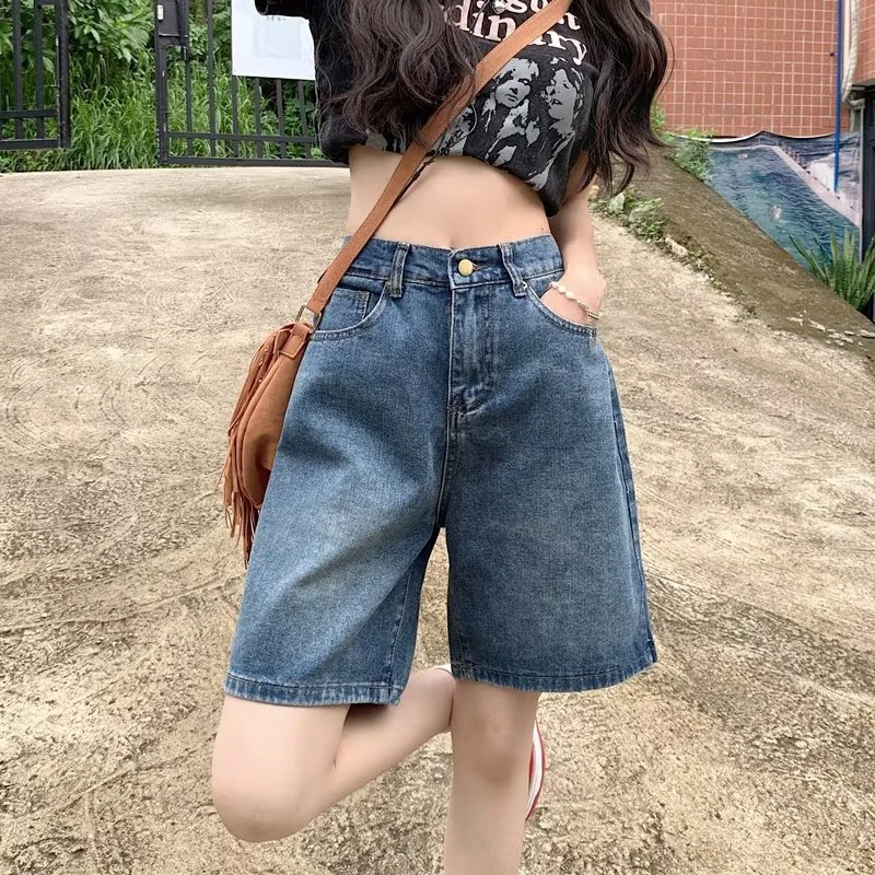 五分牛仔裤女夏季小个子直筒显瘦高腰美式复古设计感宽松阔腿中裤