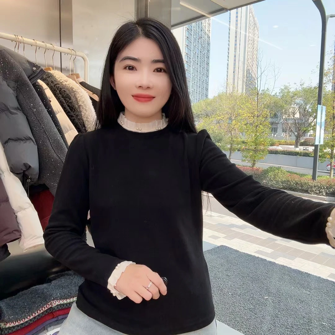 QC 242445 加绒花边领设计感双面慕斯绒时尚长袖洋气显瘦上衣