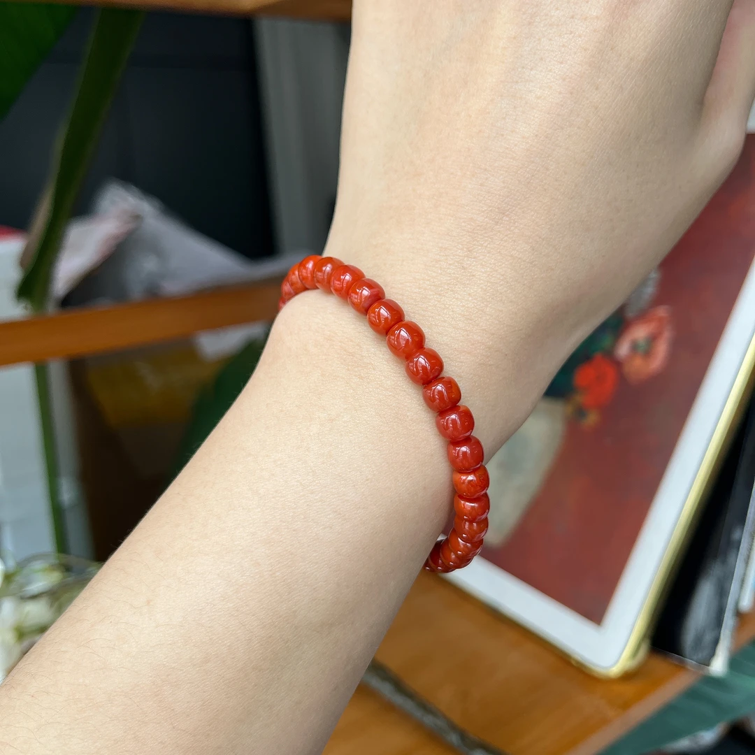 【郭老师】约6.5*5.4mm瓦西料满色满肉南红老型珠单圈手串