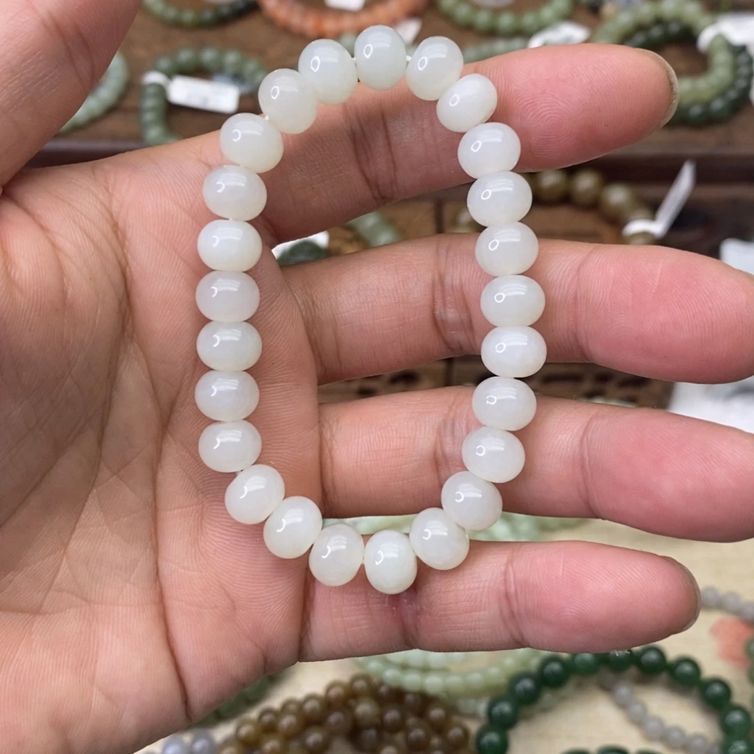 和田玉未镶嵌手链卡9白玉算盘珠