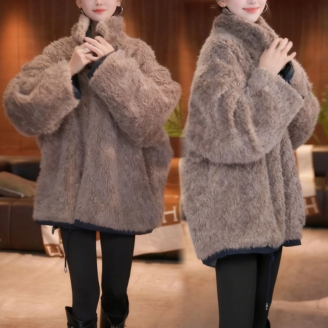 时尚百搭遮肉显瘦韩版毛毛立领2025秋冬拼接双面双穿加厚短外套女