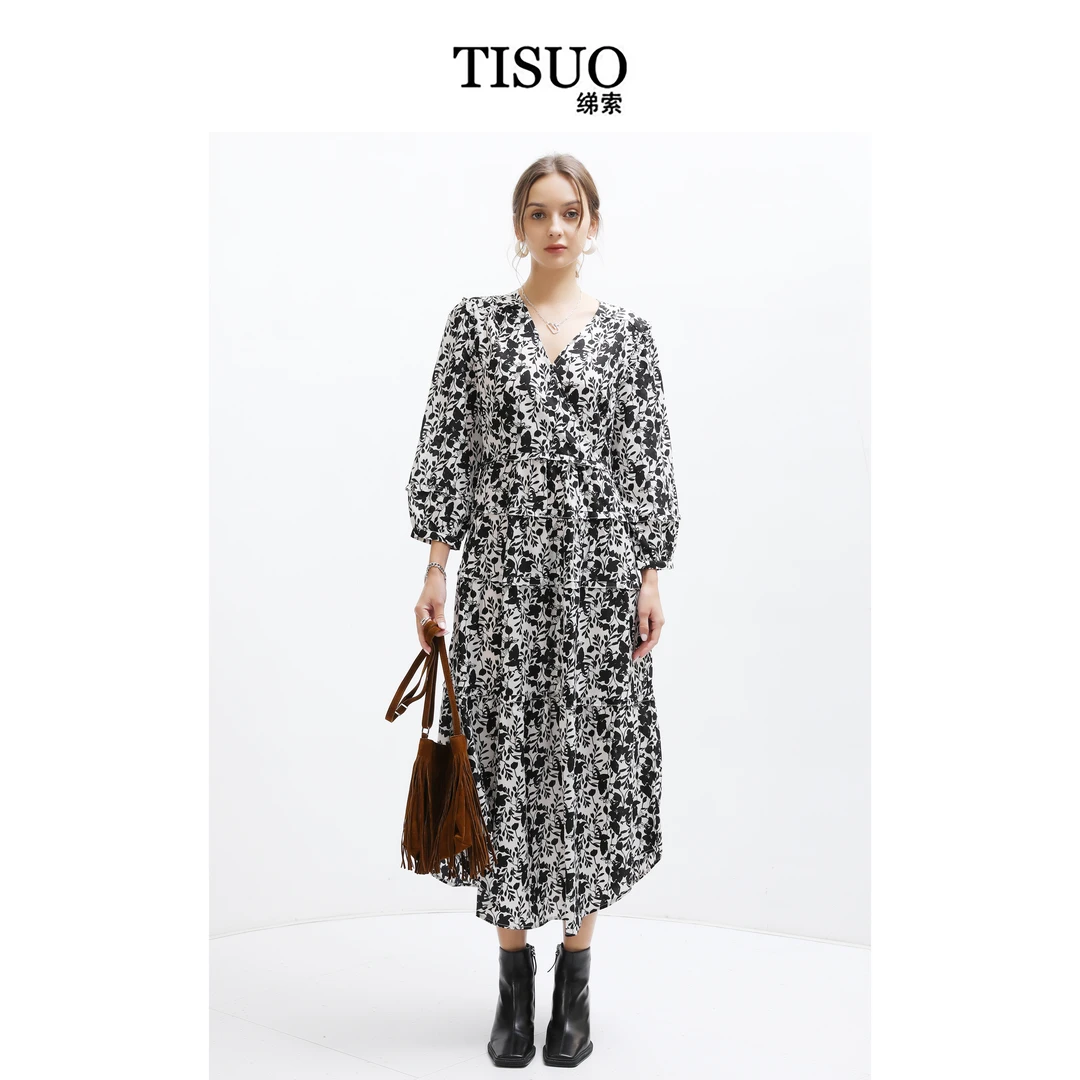 TISUO/绨索经典法式v领春季印花连衣裙不规则长裙碎花 TS207301