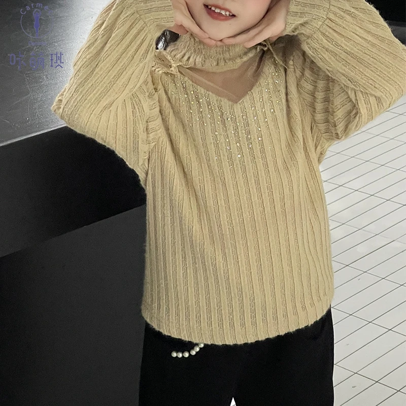 咔萌琪25125秋季镂空蕾丝长袖圆领上衣打底衫秋冬高领半高领毛衣