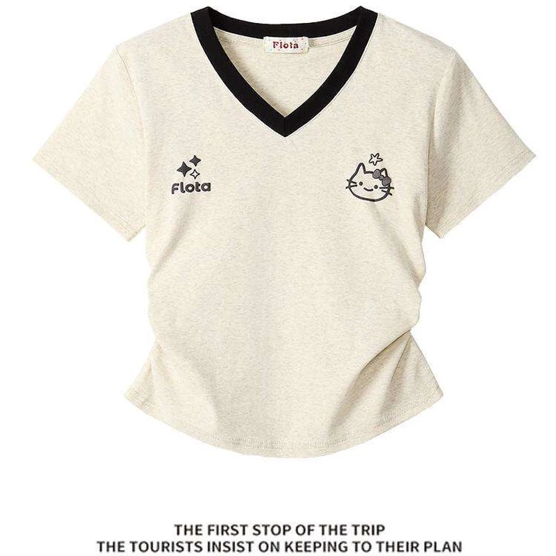 泽西风穿搭短袖t恤女2025新款夏季正肩V领小个子修身显瘦短款上衣