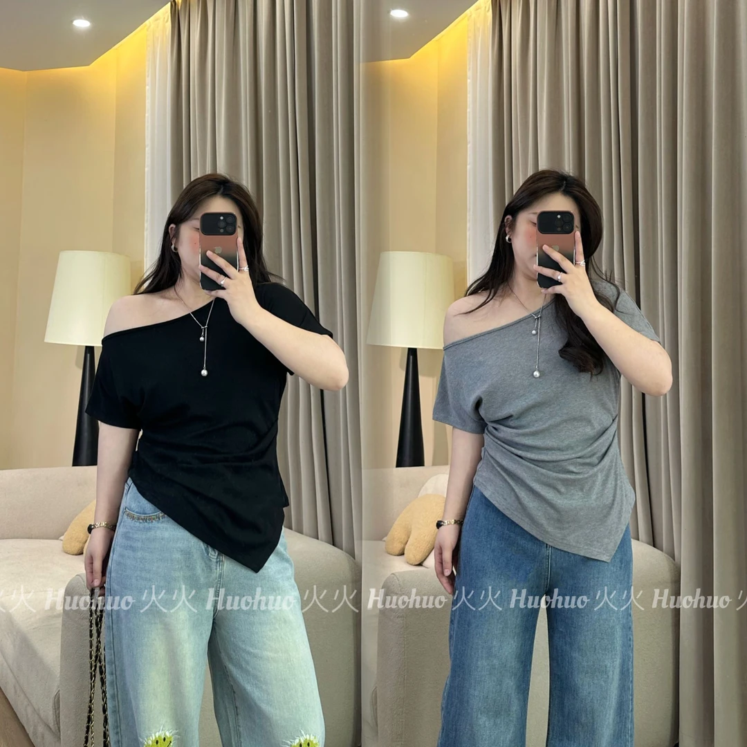 胖MM夏季新款大码女装春夏不规则百搭显瘦气质T恤