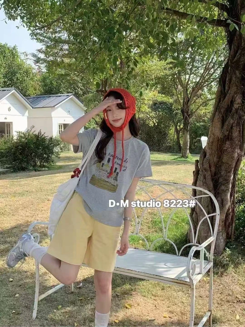 薇莎8223【趣味啤酒】春款磨毛印花圆领短袖T恤