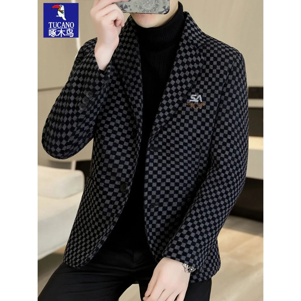 啄木鸟男装格子休闲西服外套男春秋季2025新款中青年潮牌西装秋装