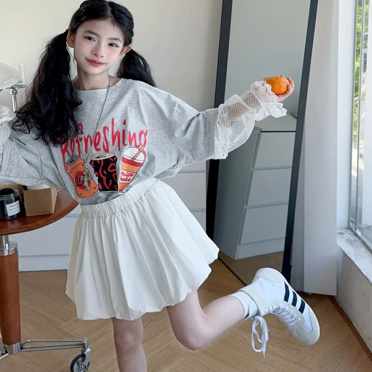 女童夏季防晒套装2025新款中大童女孩洋气假两件上衣花苞短裙夏装