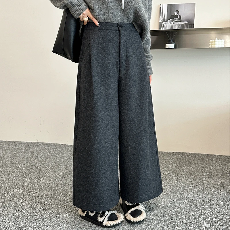 福利纽芮25355松紧腰羊毛呢阔腿裤女2025冬季新款高腰显瘦九分裤