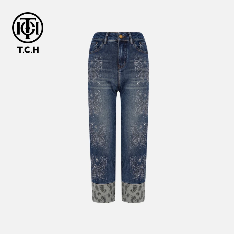 TCH私服烫钻工艺时尚休闲百搭蝴蝶牛仔裤女T75C20E1040轻奢tch