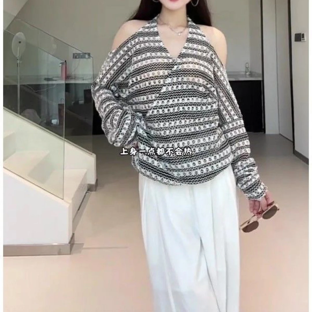 大码胖MM秋冬款气质潮流风条纹女装毛针织衫时尚拼接镂空休闲百搭
