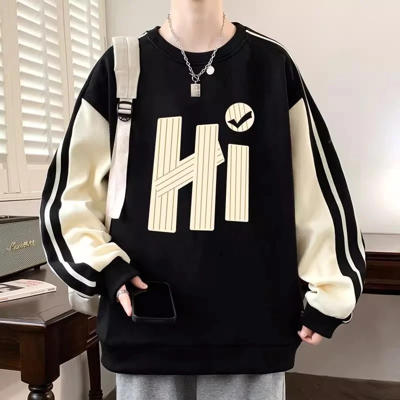 港风潮流圆领卫衣男装春秋季休闲撞色加肥加大码宽松百搭印花上衣