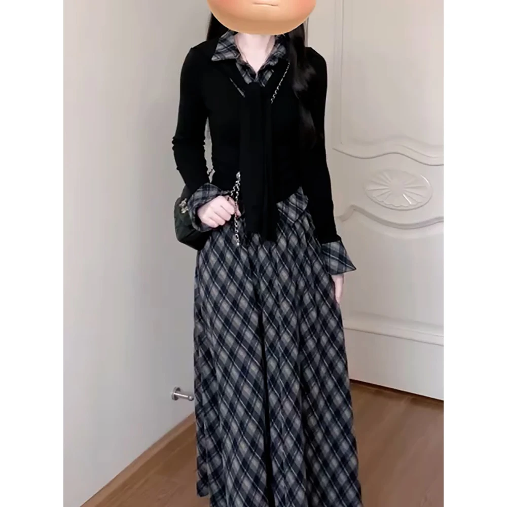 韩版减龄裙套装2025冬季新款拼接设计感显瘦百搭上衣+百搭半身裙