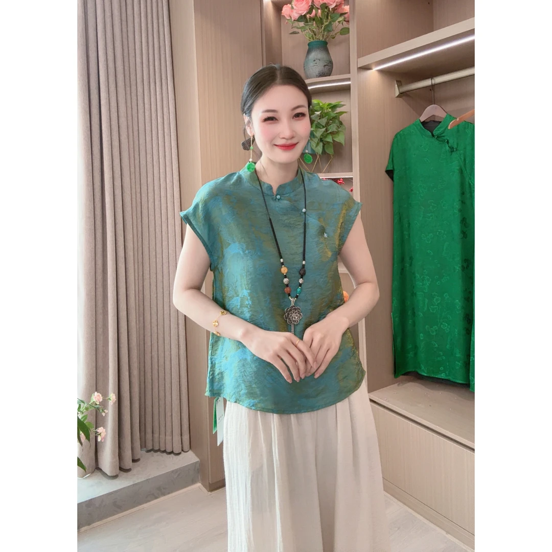 【锦盈】夏季2025新款上衣小衫新中式女装国风立领提花气质短袖衬衫