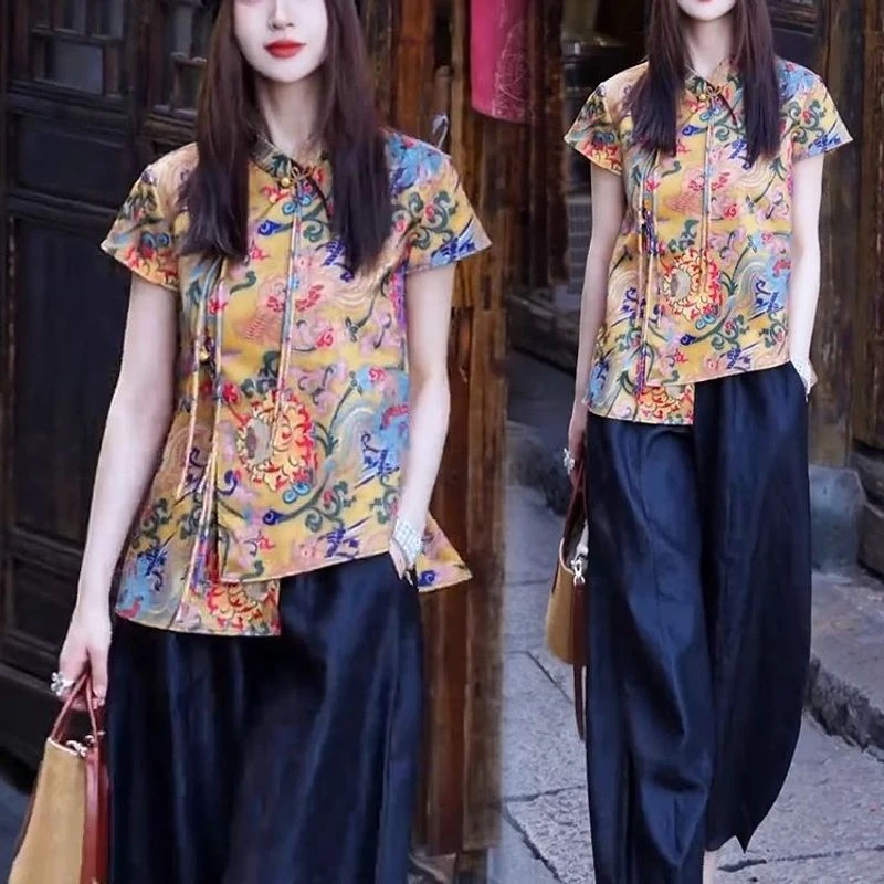 新中式时尚套装女2025夏季新款洋气盘扣斜襟衬衫阔腿裤气质两件套