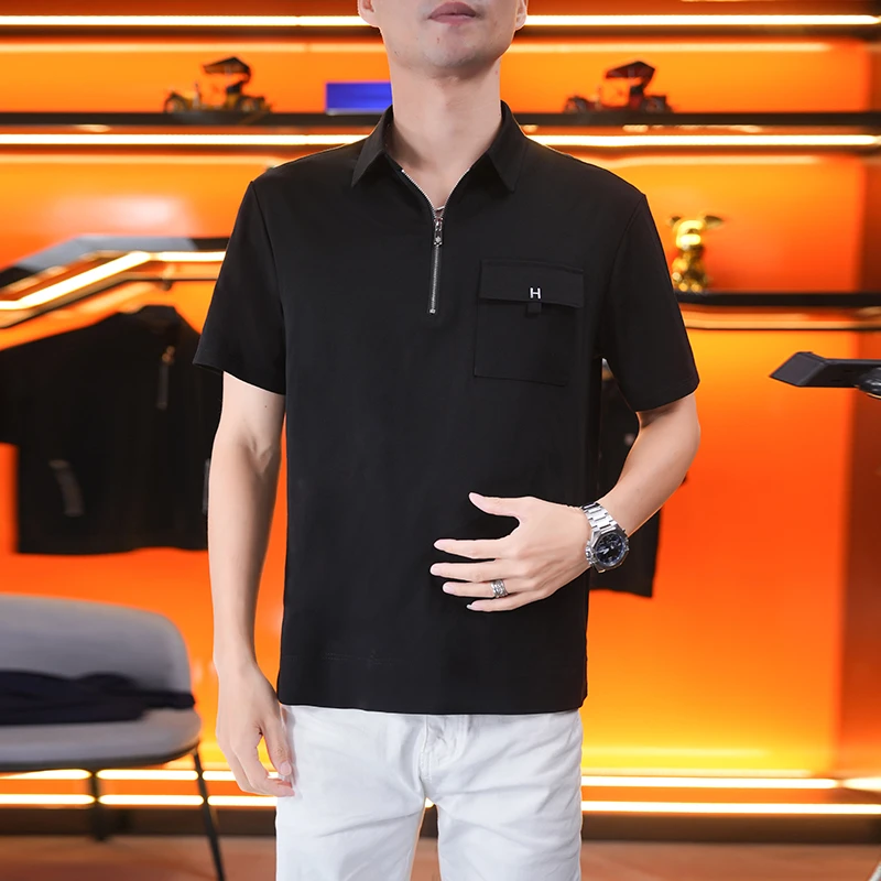 夏季新款男士翻领POLO衫简约半拉链短袖中年休闲百搭轻奢半袖F691