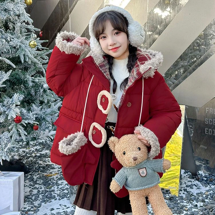 3-6-9-12岁儿童拜年服小女孩外套冬款女童棉服洋气红色棉衣两面穿