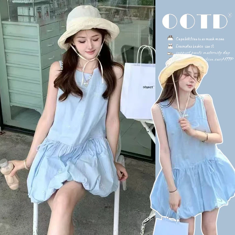 小个子孕妇法式甜美风花苞设计感无袖背心连衣裙夏季绝美A字短裙