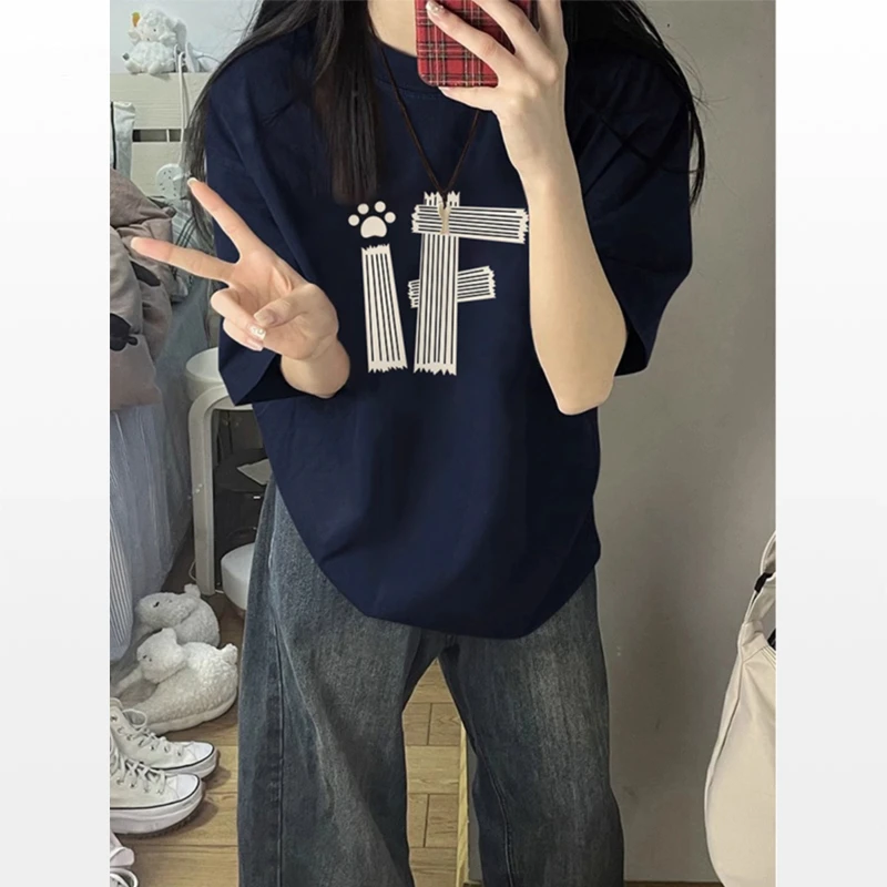 美式复古藏青色字母印花短袖T恤女夏季宽松中长款独特别致上衣ins