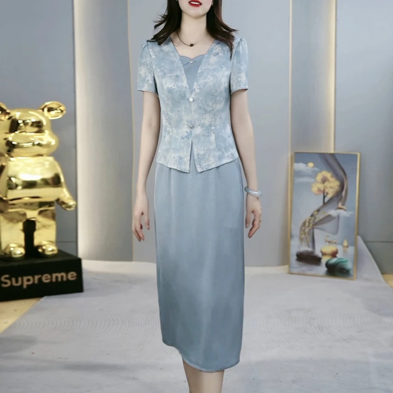 高档洋气妈妈假两件连衣裙女2025夏新款修身显瘦大码气质优雅裙子
