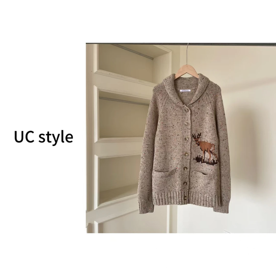 FD24S219【可爱麋鹿】43羊毛杂色波点翻领插肩针织开衫主播穿S码