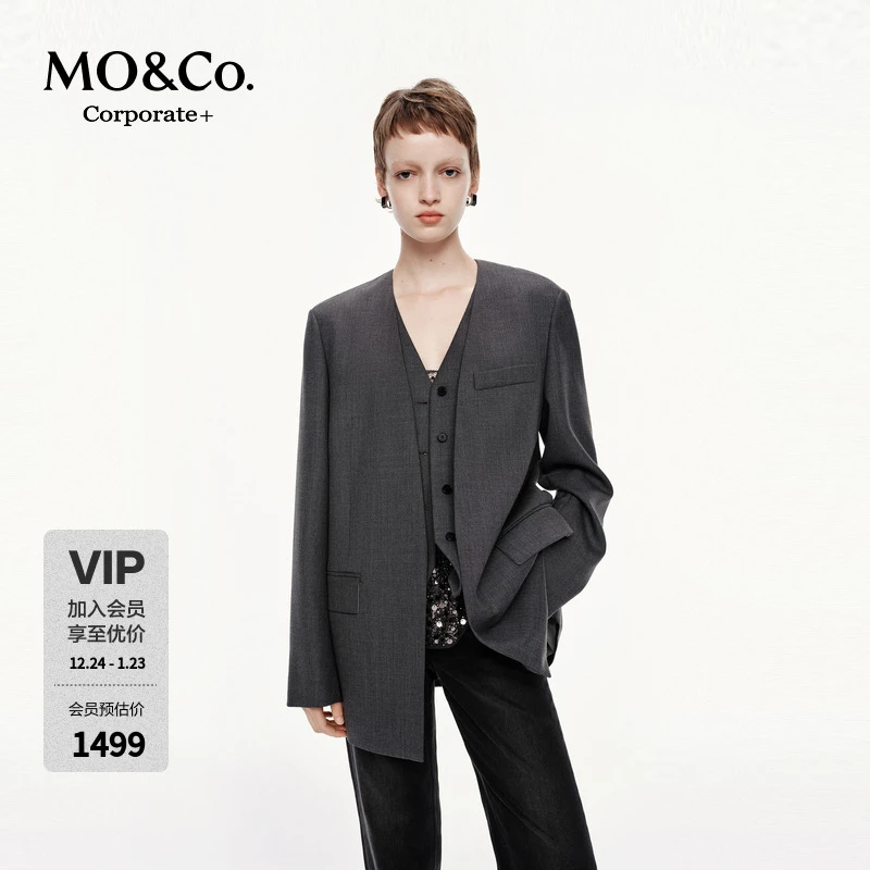 【C+系列】MOCO假两件西装2025秋冬新品无领垫肩廓形外套MBE3BLA018
