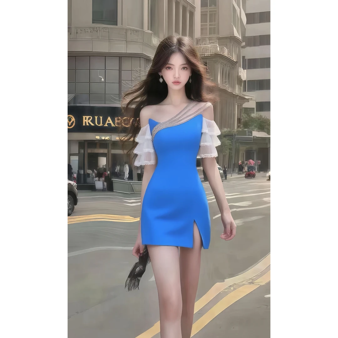 夏季新款别致设计感蓝色斜领修身包臀连衣裙女气质显瘦氛围感女装