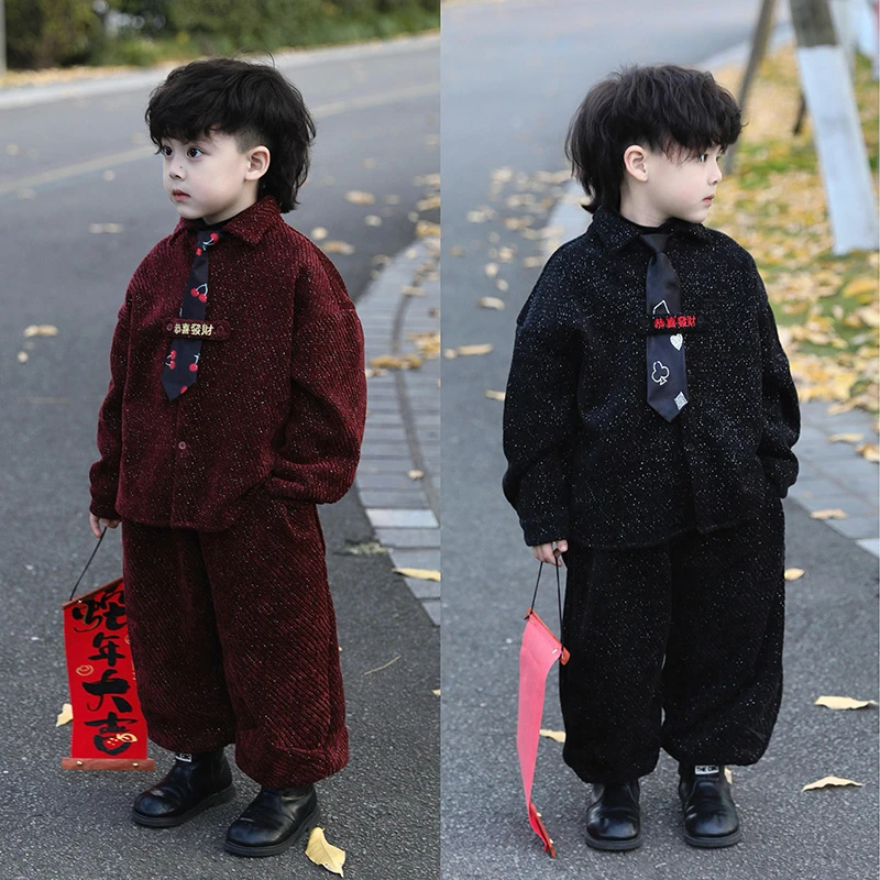 【现货】Jimmy妈童装 恭喜发财 冬季新款儿童加绒闪闪雪尼尔衬衫