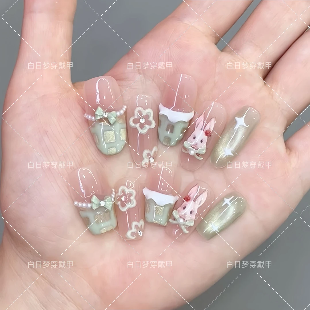『甜心派对』纯手工穿戴甲高端光疗美甲可拆卸假指甲贴气质显白