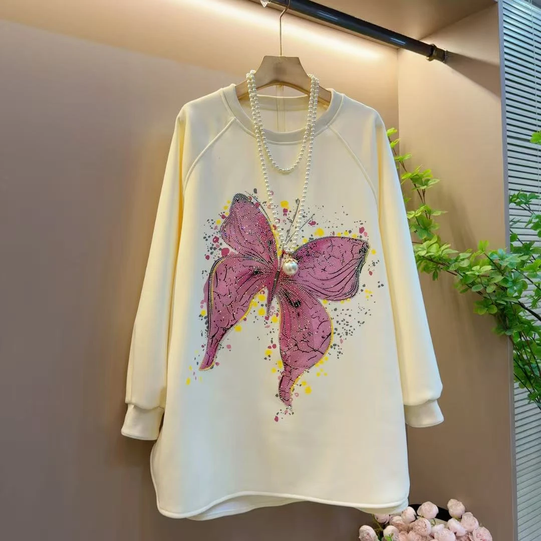 新款圆领重工烫钻蝴蝶时尚高级感加绒上衣（长78左右）