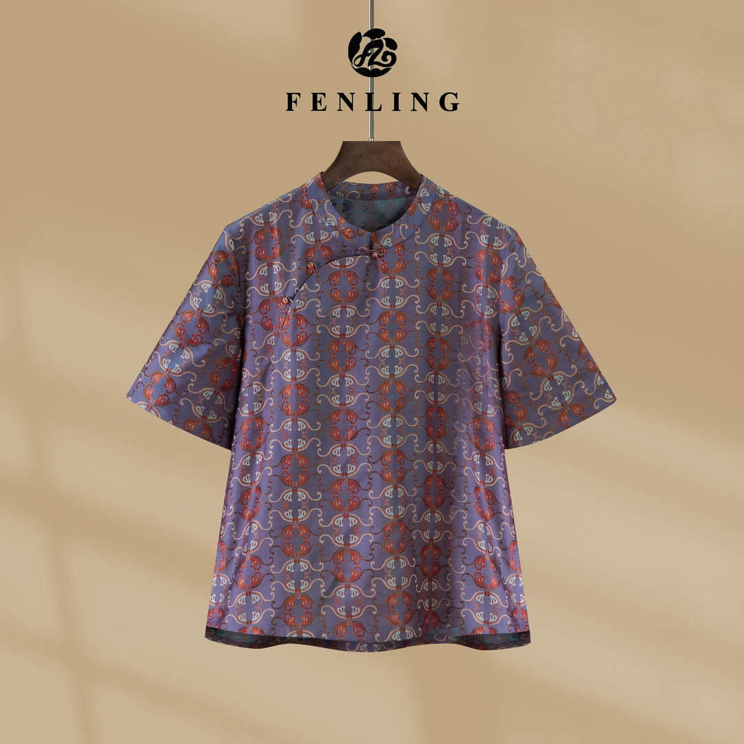 芬领-化蝶·紫-非遗100%桑蚕丝手工全罗孔蜀锦斜襟短袖上衣SY2399