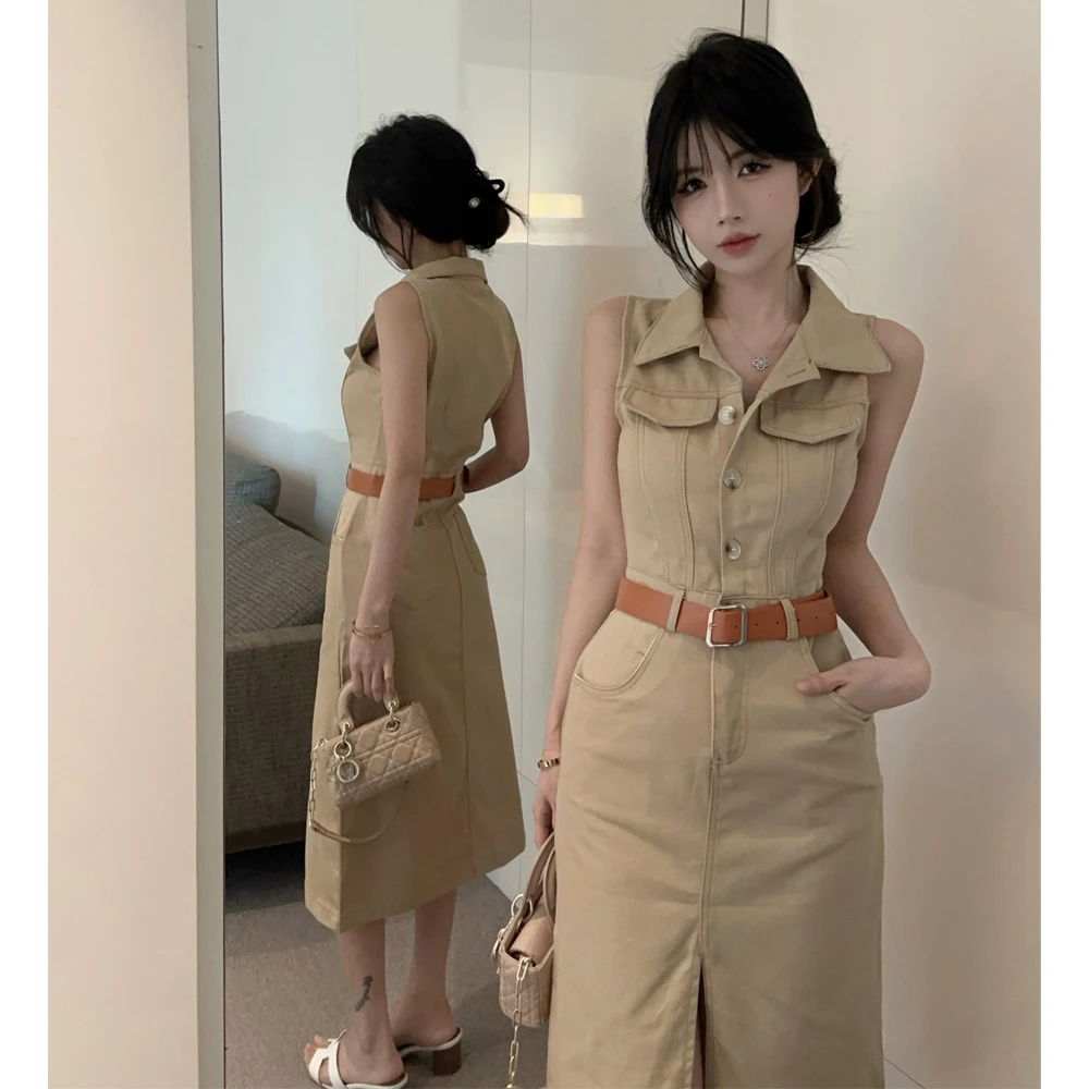 法式开叉翻领无袖连衣裙女夏季2025收腰显瘦气质独特高级感长裙子