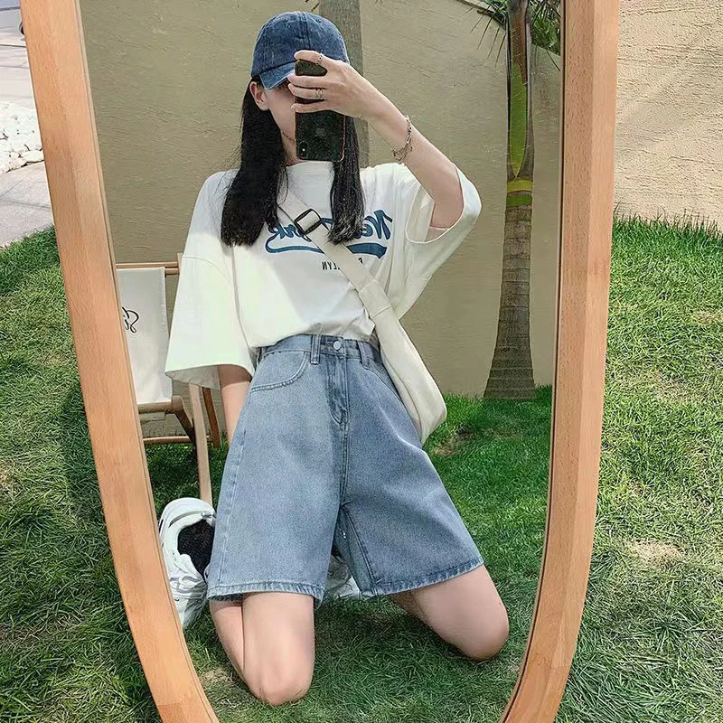 牛仔五分裤女直筒港味夏季高腰短裤大码胖mm宽松显瘦外穿阔腿中裤