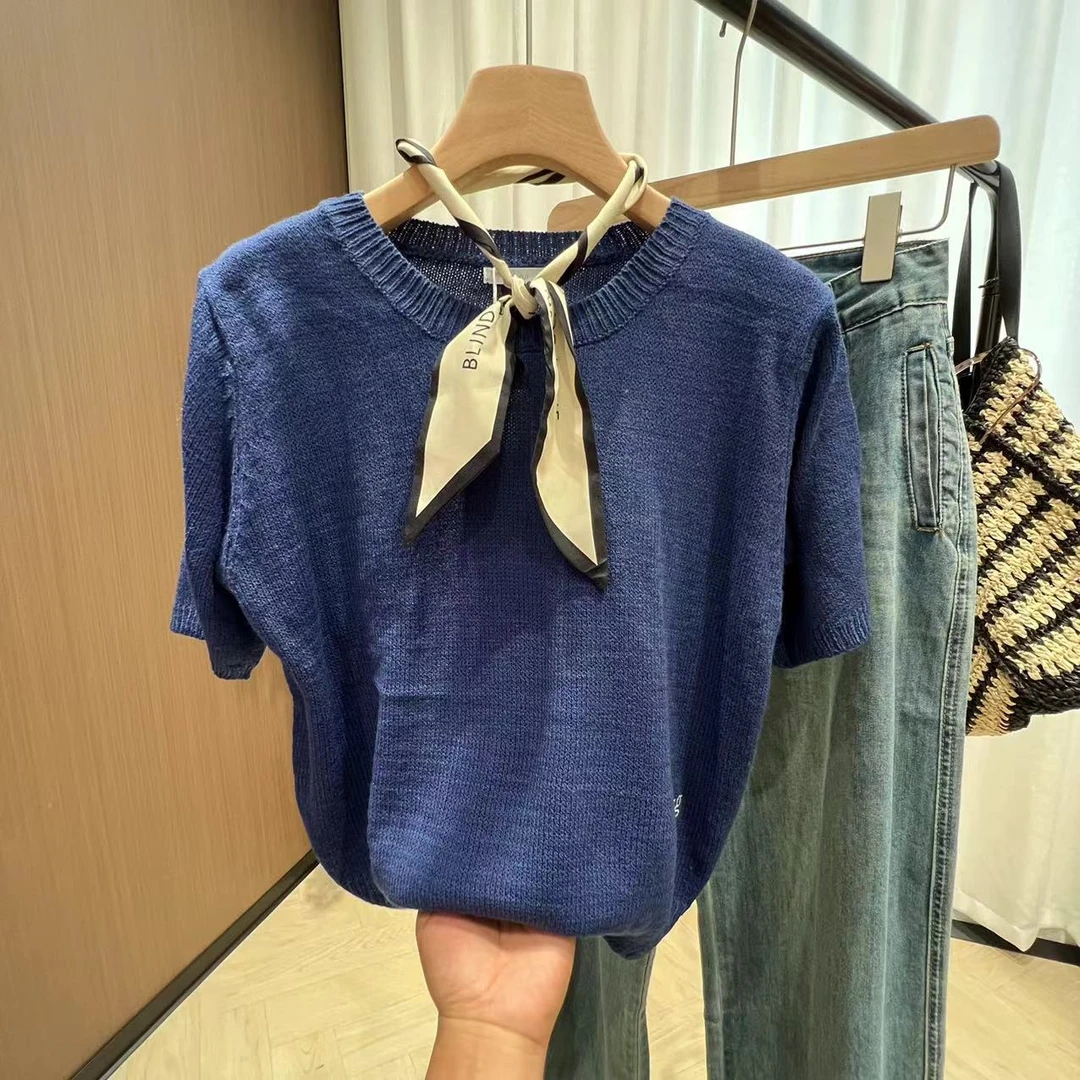 小字母刺绣短袖轻薄上衣针织8173