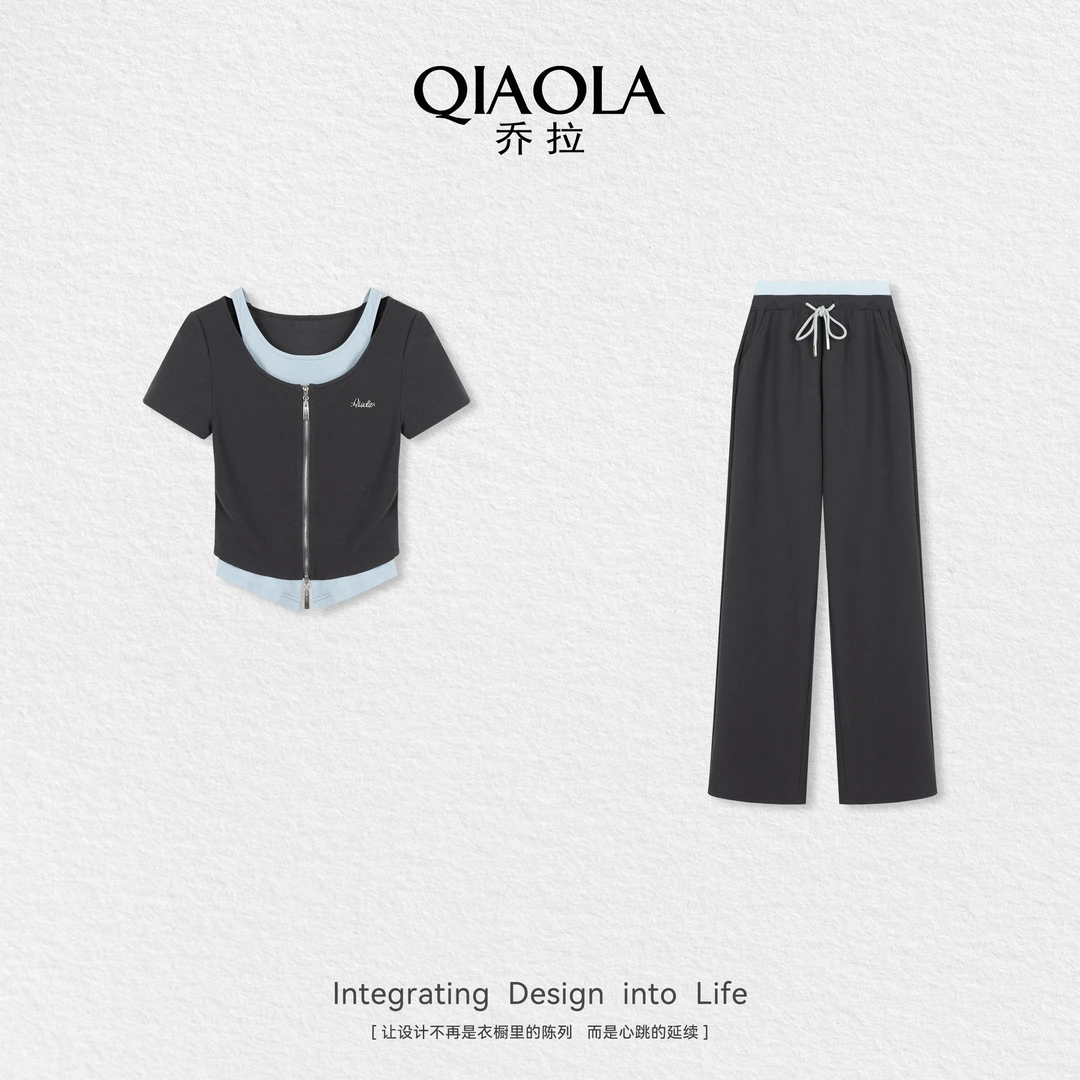 QIAOLA/乔拉【温柔弥漫】夏季新款针织假两件设计洋气时尚套装预售