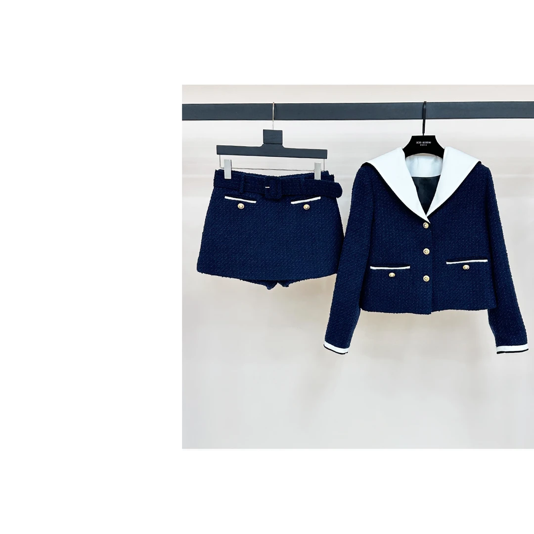 【西西高定】小香风海军领粗花呢外套+A字裙裤短款套装