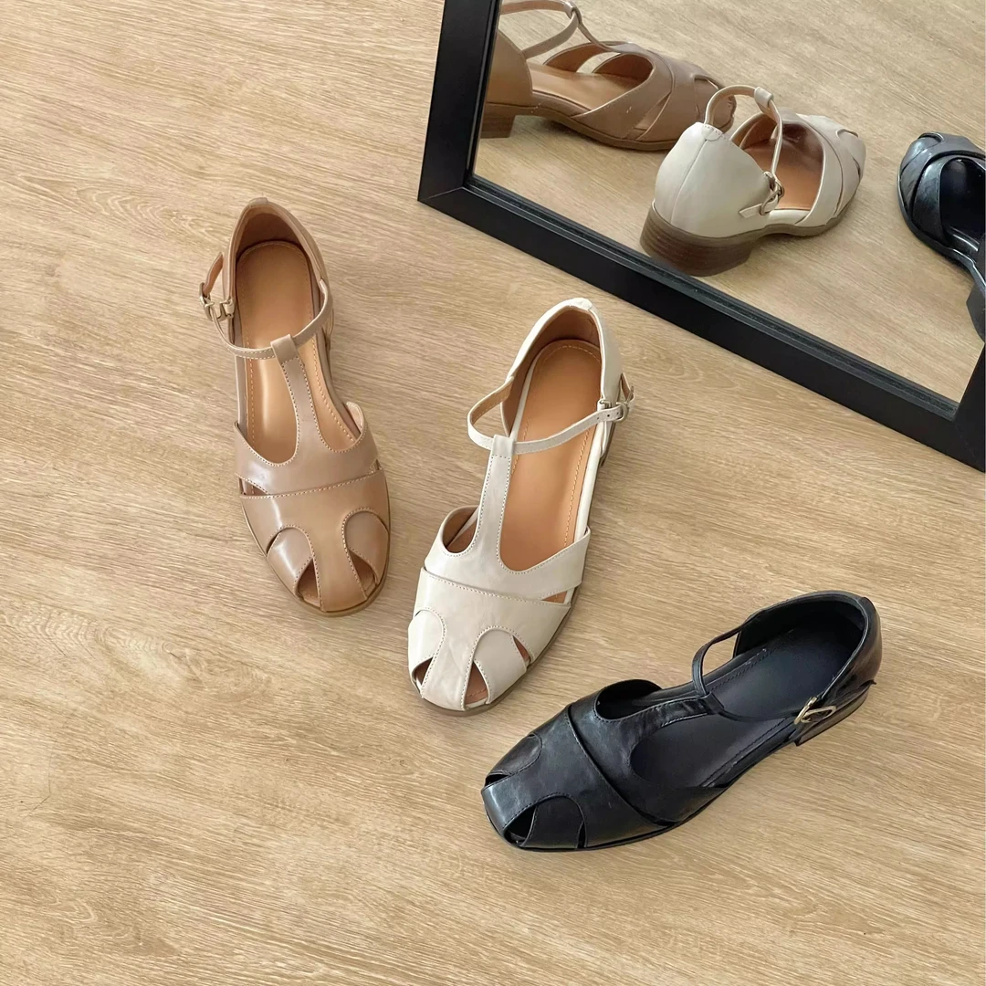 HUSSLOVE 水洗头层牛皮·跟高3CM·百搭简约包头镂空罗马凉鞋