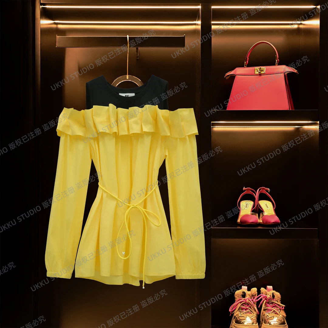 LILI【UKKUSTUDIO】法式赫本风时尚轻奢露肩黄色假两件衬衫312730