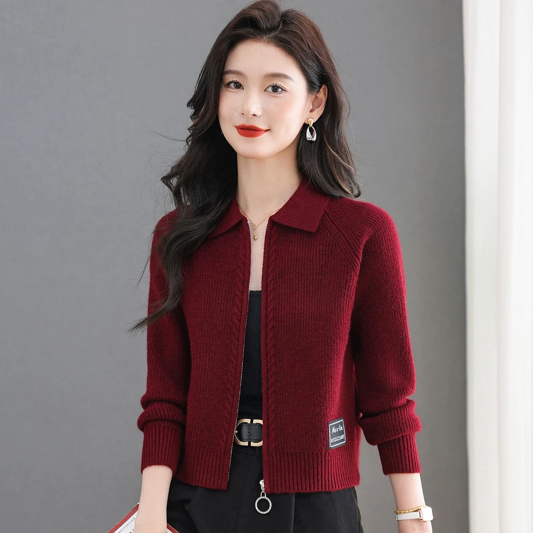 哥弟阿玛施正翻领拉链羊毛针织开衫女秋季短款小个子百搭毛衣外套