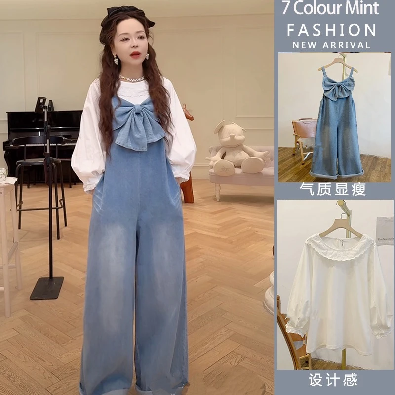 时尚孕妇蝴蝶结可调节牛仔背带裤+网红蕾丝边拼接娃娃领洋气套装