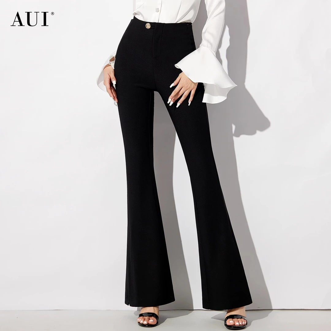 【诗语专属】AUI黑色高腰修身显高显瘦微喇叭裤女-24W074258