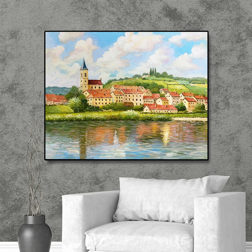 时尚建筑风景油画装饰法式奶油风客厅挂画欧式沙发背景墙装饰画