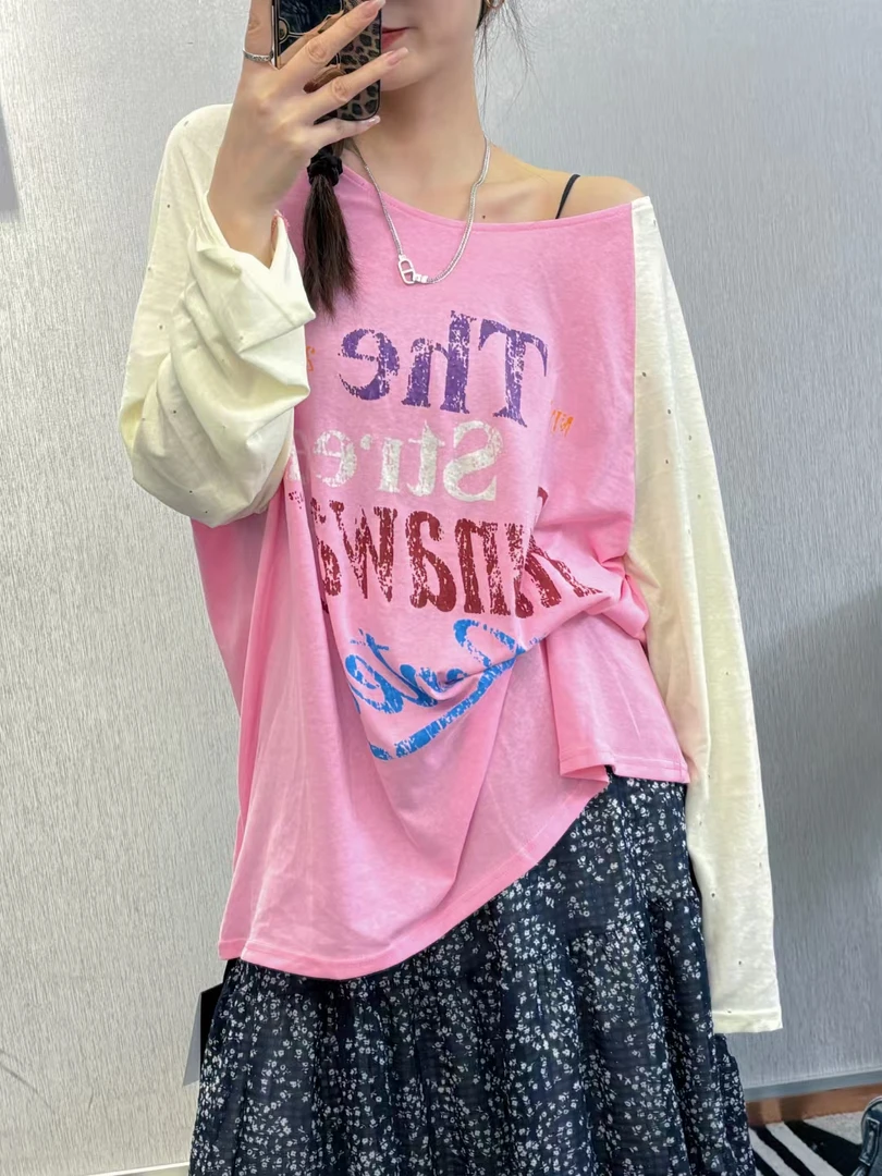 夏季减龄轻薄防晒罩衫拼色圆领露背长袖上衣字母印花宽松女款T恤