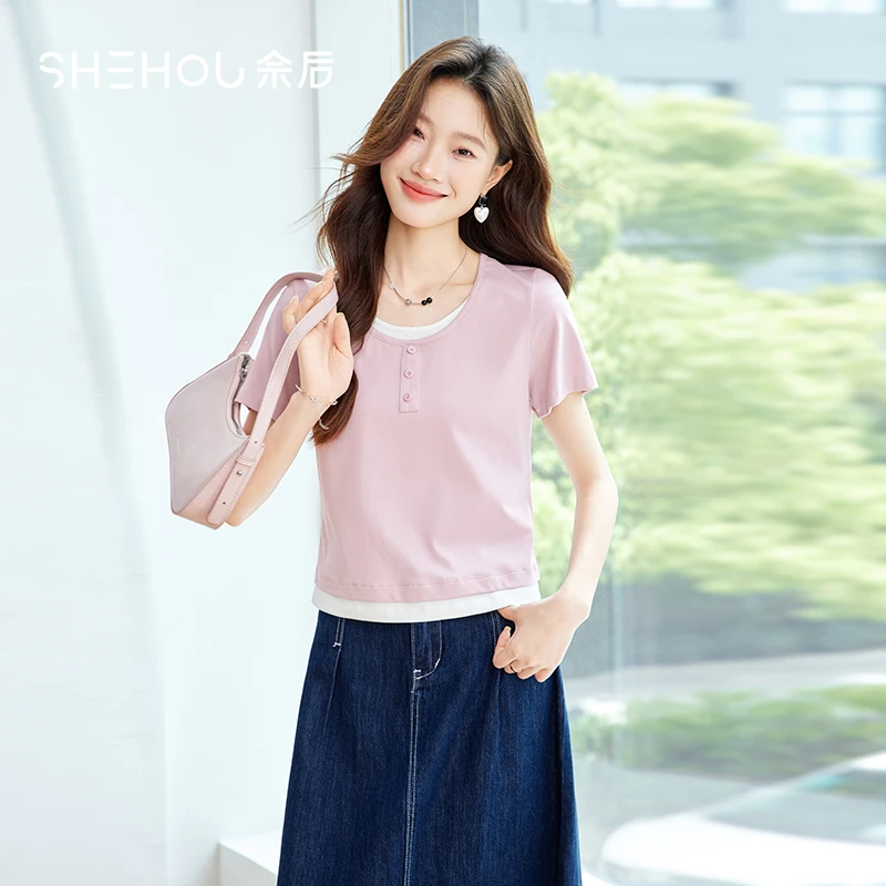 佘后显瘦独特别致T恤气质风百搭设计感假两件套上衣