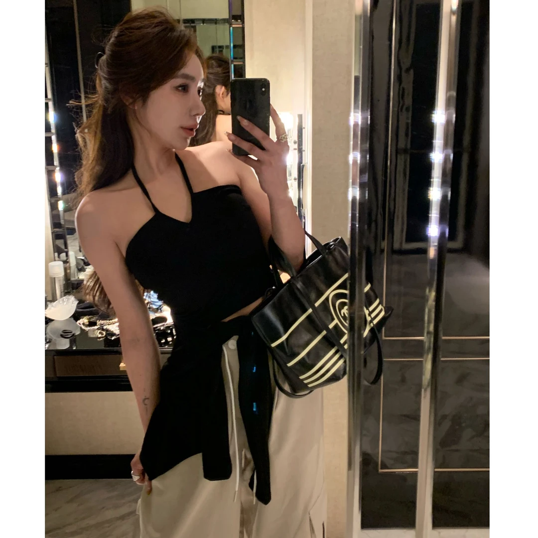 黑色挂脖抹胸带披肩两件套